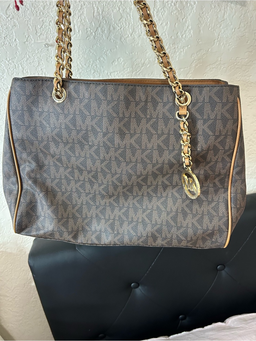 Michael Kors Brown Logo Tote with Gold Chain Detail